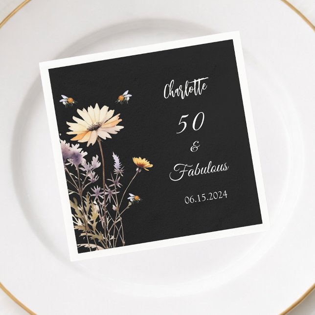 Wildflowers black 50 fabulous birthday napkin (Creator Uploaded)