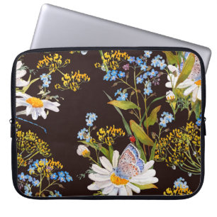 Wildflowers: black background watercolor laptop sleeve