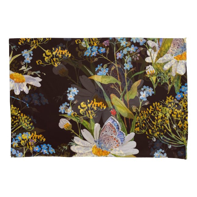Wildflowers: black background watercolor pillowcase (Front)