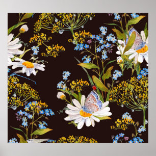 Wildflowers: black background watercolor poster