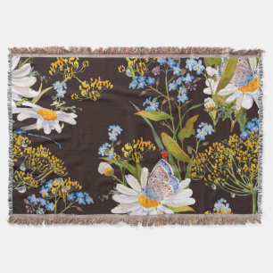 Wildflowers: black background watercolor throw blanket