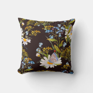 Wildflowers: black background watercolor throw pillow