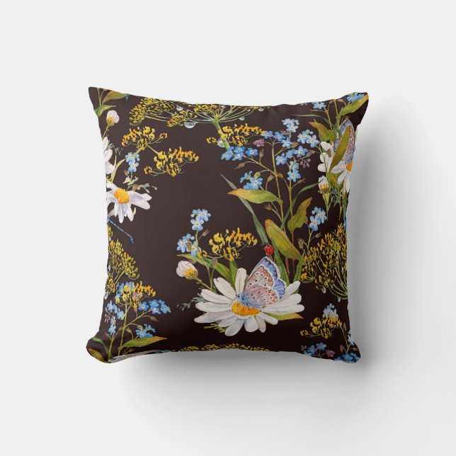 Wildflowers: black background watercolor throw pillow (Front)