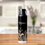 Wildflowers black beige custom name script water bottle<br><div class="desc">Black background. Decorated with wildflowers in beige,  cream and pink.  Personalize and add your name. White handwritten style script.</div>