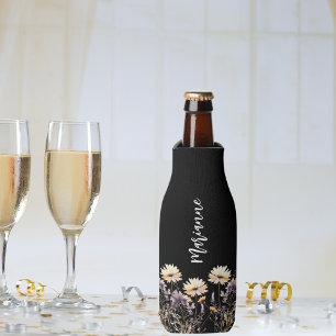 Wildflowers black custom name script bottle cooler