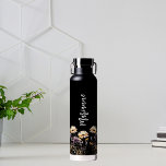 Wildflowers black custom name script water bottle<br><div class="desc">A black coloured background. Decorated with wildflowers in yellow and purple.  Personalize and add your name.   White handwritten style script.</div>