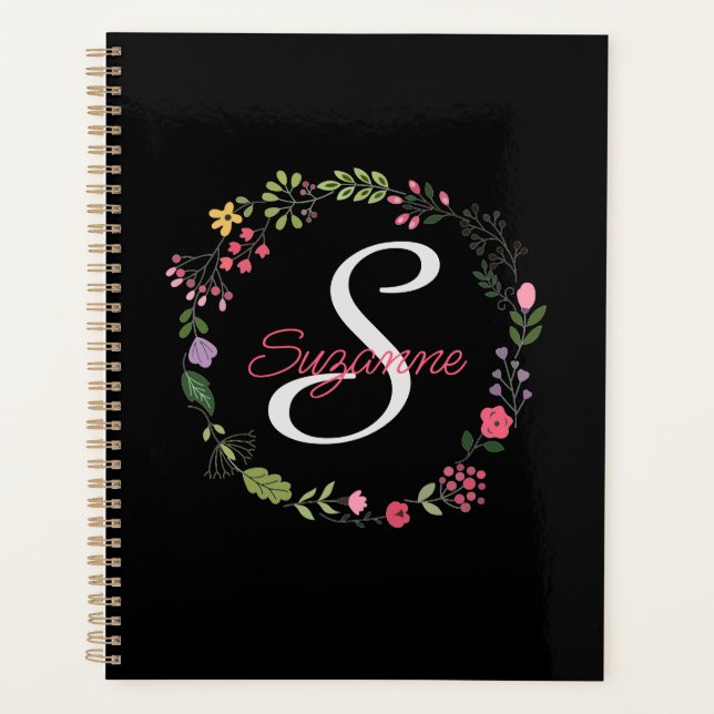 WildFlowers Black Floral Personalized Monogrammed Planner (Front)