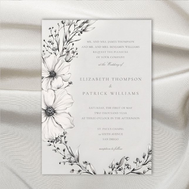 Wildflowers Black Ivory Formal Traditional Wedding Invitation (wildflowers wedding invitation black and white wreath formal elegant modern classic romantic)
