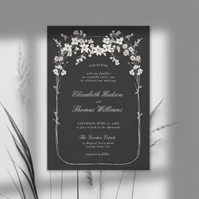 Wildflowers Black White Boho Arch Elegant Wedding Invitation (wildflowers wedding invitation black and white boho arch formal elegant modern classic)