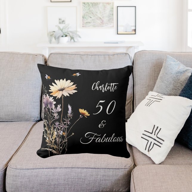 Wildflowers black yellow 50 fabulous birthday throw pillow (Creator Uploaded)