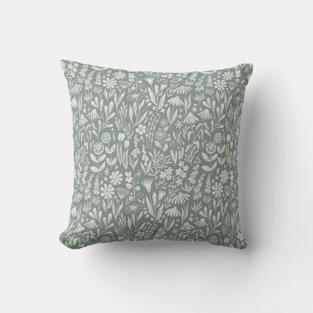 Wildflowers block print - sage green throw pillow (Front)