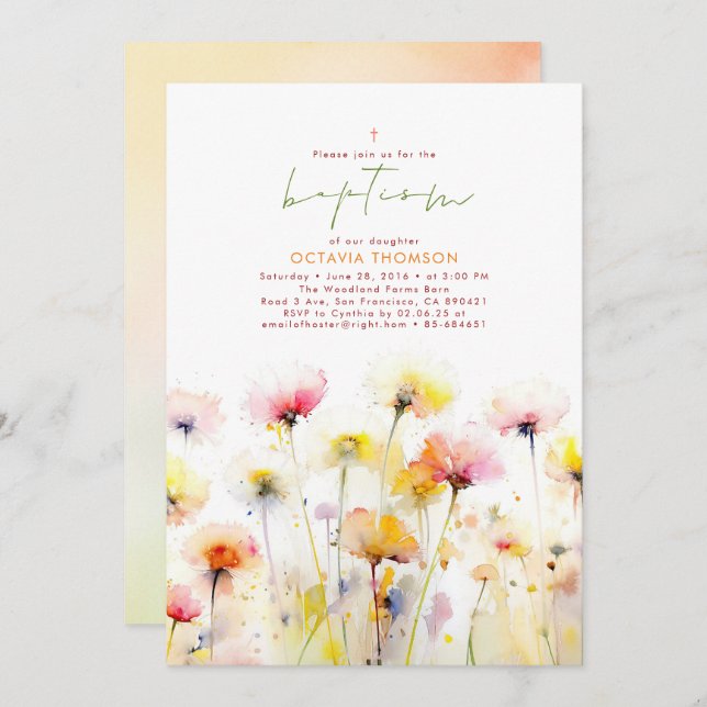 Wildflowers Blooms Elegant Boho Pink Baptism Invitation (Front/Back)
