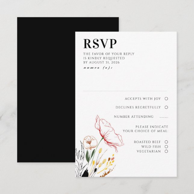 Wildflowers Boho Black Elegant Wedding RSVP Card (Front/Back)