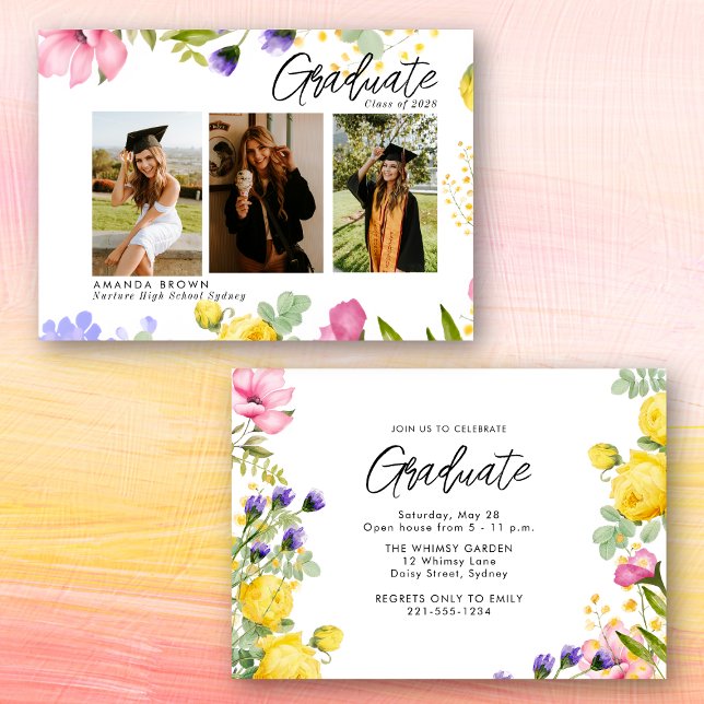 Wildflowers Bold Three Photo Graduation 2025 Invitation (Creator Uploaded)