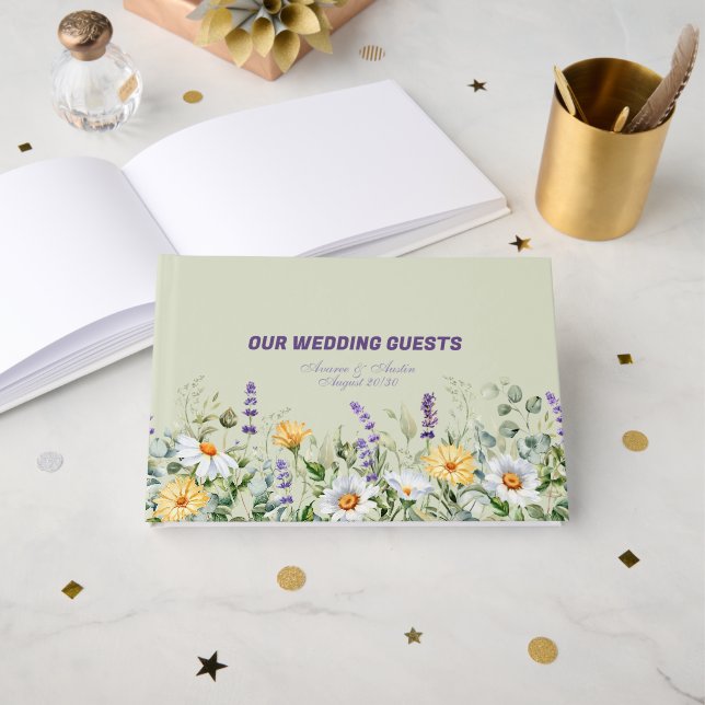 Wildflowers Border Yellow White Purple Wedding Guest Book (Front Open)