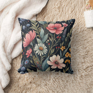 Wildflowers Botanical Inspiration Black Throw Pillow