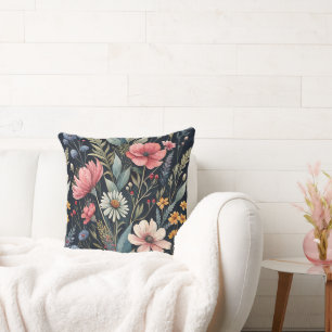 Wildflowers Botanical Inspiration Black Throw Pillow