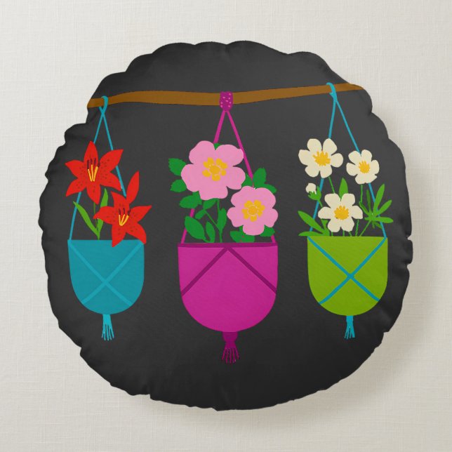 WILDFLOWERS: Botanical Trio in Hanging Planters Round Pillow (Front)