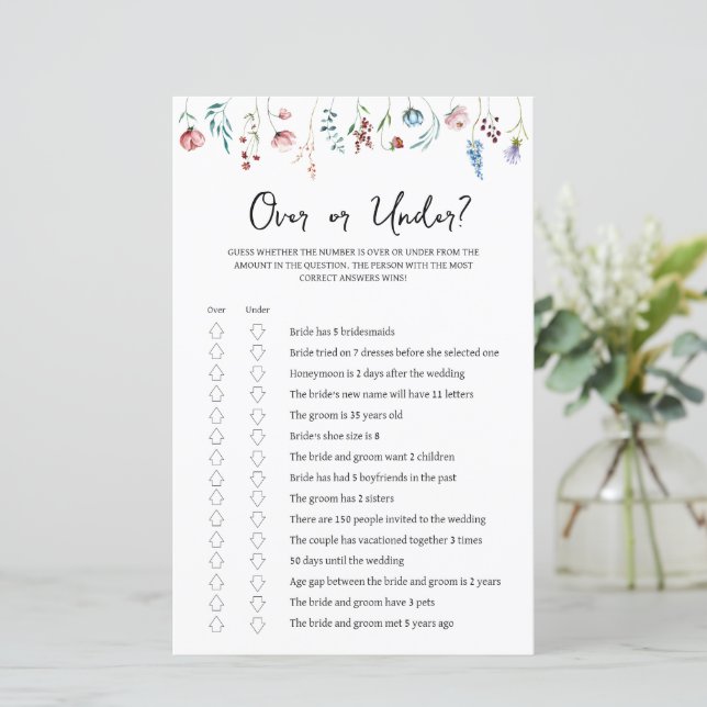 Wildflowers Bridal Shower Over or Under Game  (Standing Front)