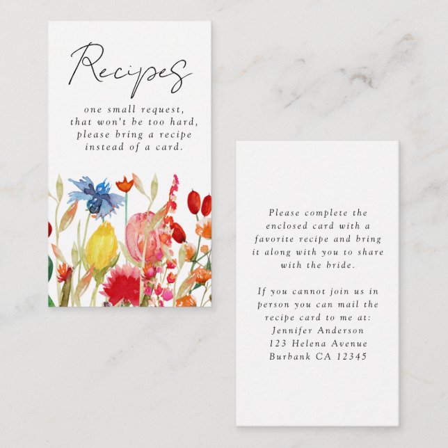 Wildflowers Bridal Shower Recipe Request Enclosure Card (Front/Back)