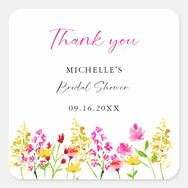 Wildflowers Bridal Shower Script Pink Florals  Square Sticker (Front)