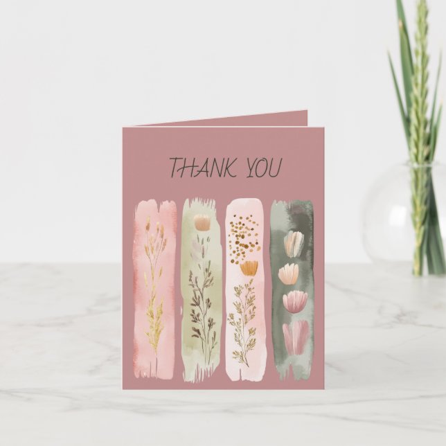Wildflowers Brushstrokes  Pink Green Thank You Card (Front)