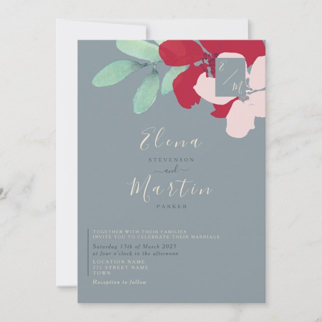 Wildflowers Burgundy & Dusty Blue Wedding Invitation (Front)