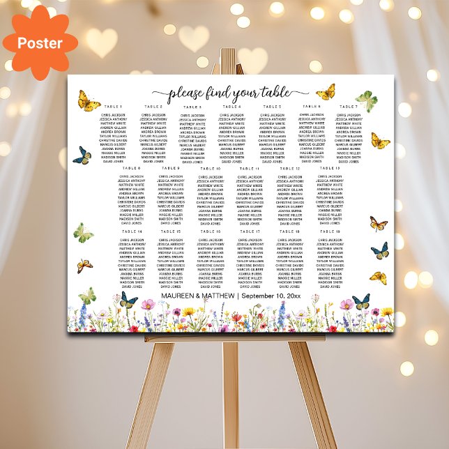 Wildflowers Butterflies 19 Tables Wedding Seating Poster (Creator Uploaded)