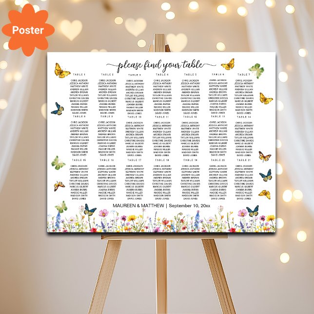 Wildflowers Butterflies 21 Tables Wedding Seating Poster (Creator Uploaded)