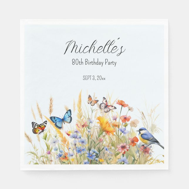 Wildflowers Butterflies Birds Surprise 80th  Napkin (Front)