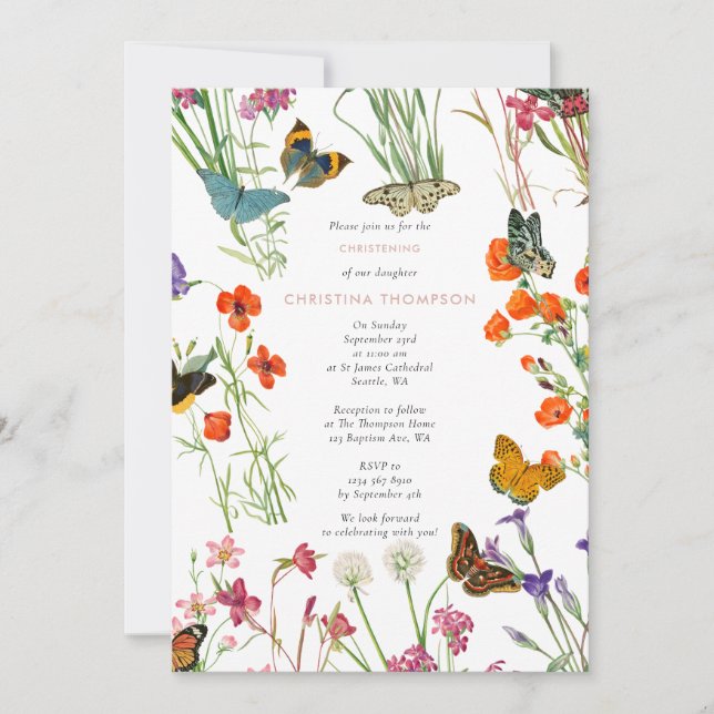 Wildflowers Butterflies Christening Baptism Invitation (Front)