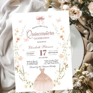 Wildflowers Butterflies Dress Bow Quinceanera Invitation