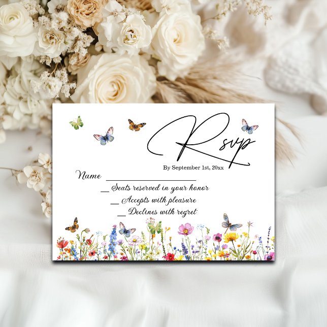 Wildflowers Butterflies Elegant Wedding RSVP Card (Creator Uploaded)