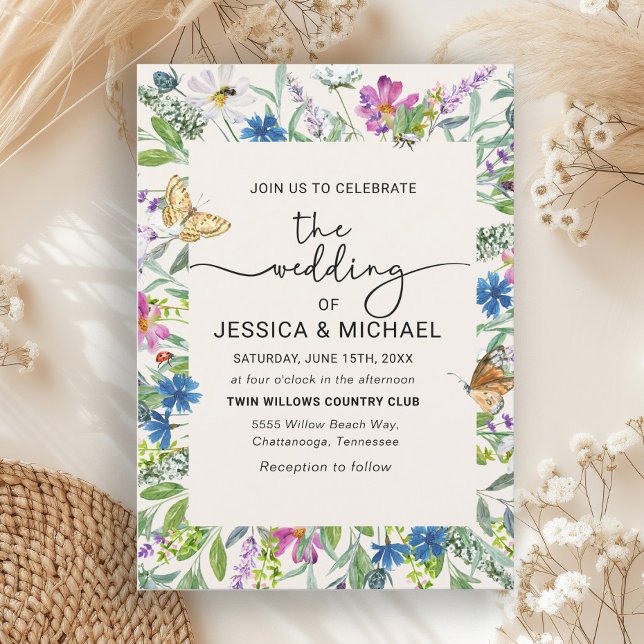 Wildflowers Butterflies Frame Handwritten  Invitation (Wildflowers and butterflies wedding invitation)