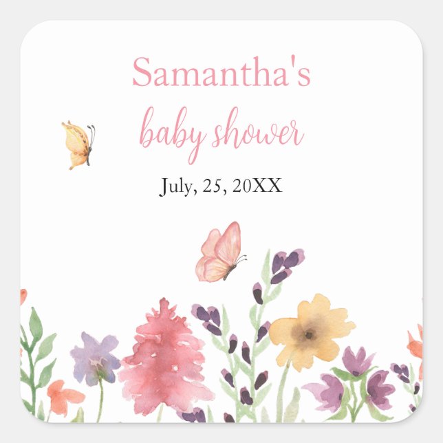 wildflowers butterflies garden pink baby shower  square sticker (Front)