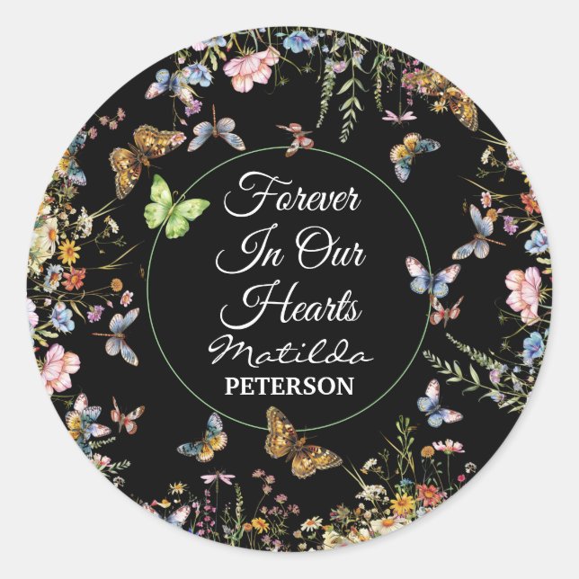Wildflowers Butterflies Greenery Funeral  Classic Round Sticker (Front)