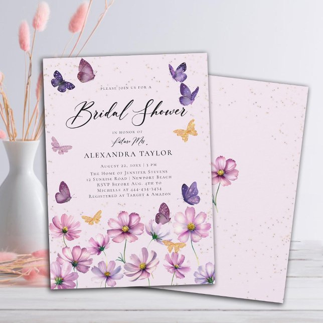 Wildflowers Butterflies Pink Garden Bridal Shower Invitation (wildflowers butterflies pink purple garden bridal shower invitation elegant boho modern rustic gold)