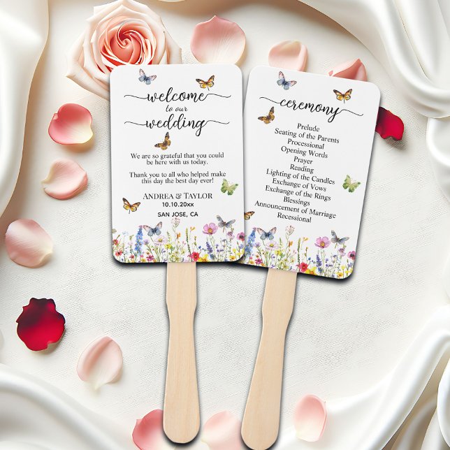 Wildflowers Butterflies Wedding Program Ceremony Hand Fan (Creator Uploaded)