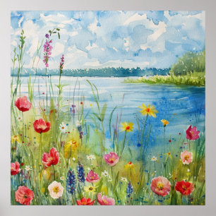Wildflowers by a Lake Poster