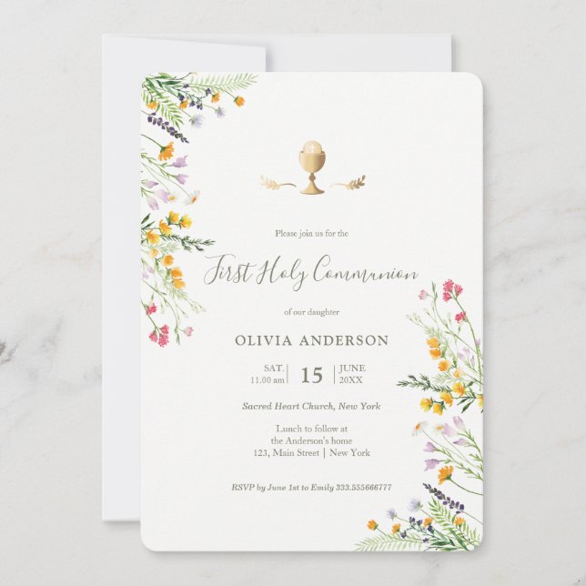 wildflowers calice First Communion Invitation (Front)