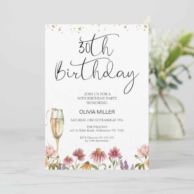 Wildflowers Champagne Glass 30th Birthday Invitation (Standing Front)