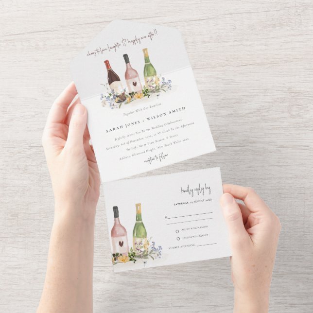 Wildflowers Cheers to Love Wine Bottles Wedding All In One Invitation (Tearaway)