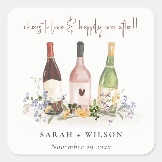 Wildflowers Cheers to Love Wine Bottles Wedding Square Sticker (Front)