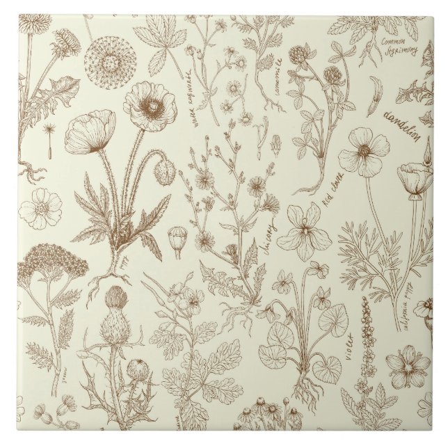 Wildflowers collage/ beige and sepia tile (Front)