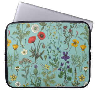 Wildflowers collage on blue laptop sleeve