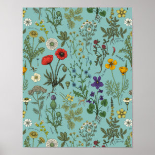 Wildflowers collage on blue poster