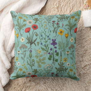 Wildflowers collage on blue throw pillow
