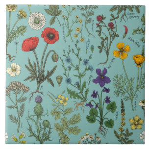 Wildflowers collage on blue tile
