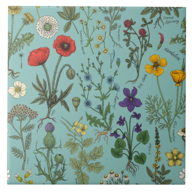 Wildflowers collage on blue tile (Front)