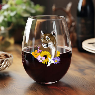 Wildflowers Cougar Mountain Lion Puma Stemless Wine Glass
